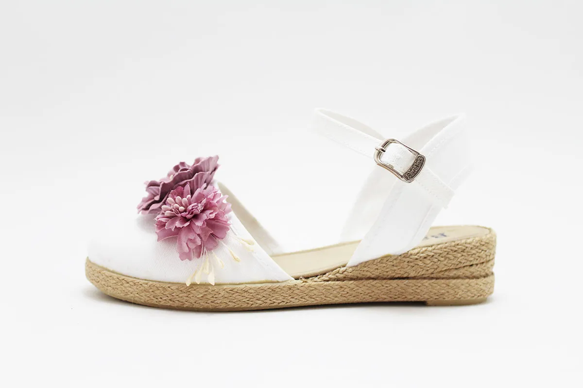 Esparteñas girls wedge with 3 pink flowers