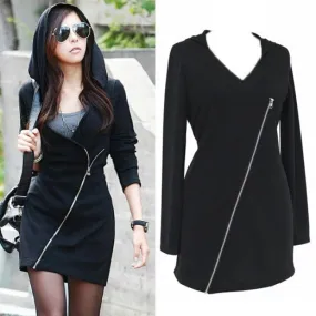 Oblique Zipper Hooded V-neck Dress