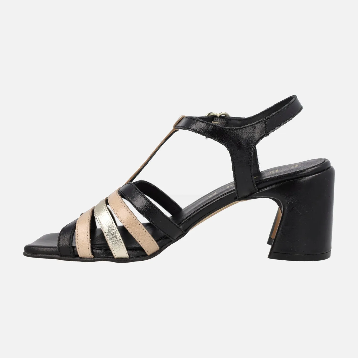 Sandalias de tacón con tiras combinadas de piel en colores