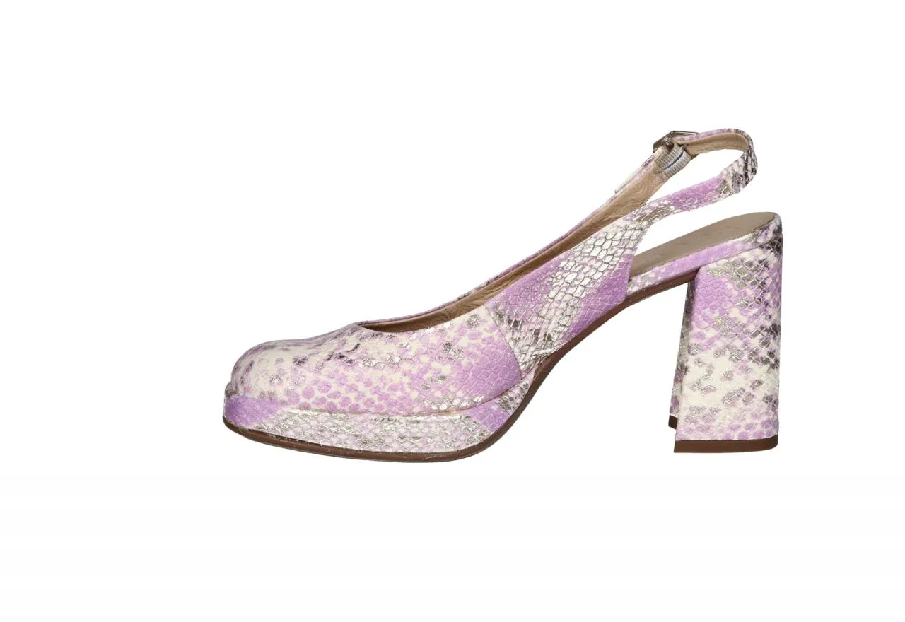 Purple/Gold/White Snake Skin Open Heel High Heel Platform Shoe